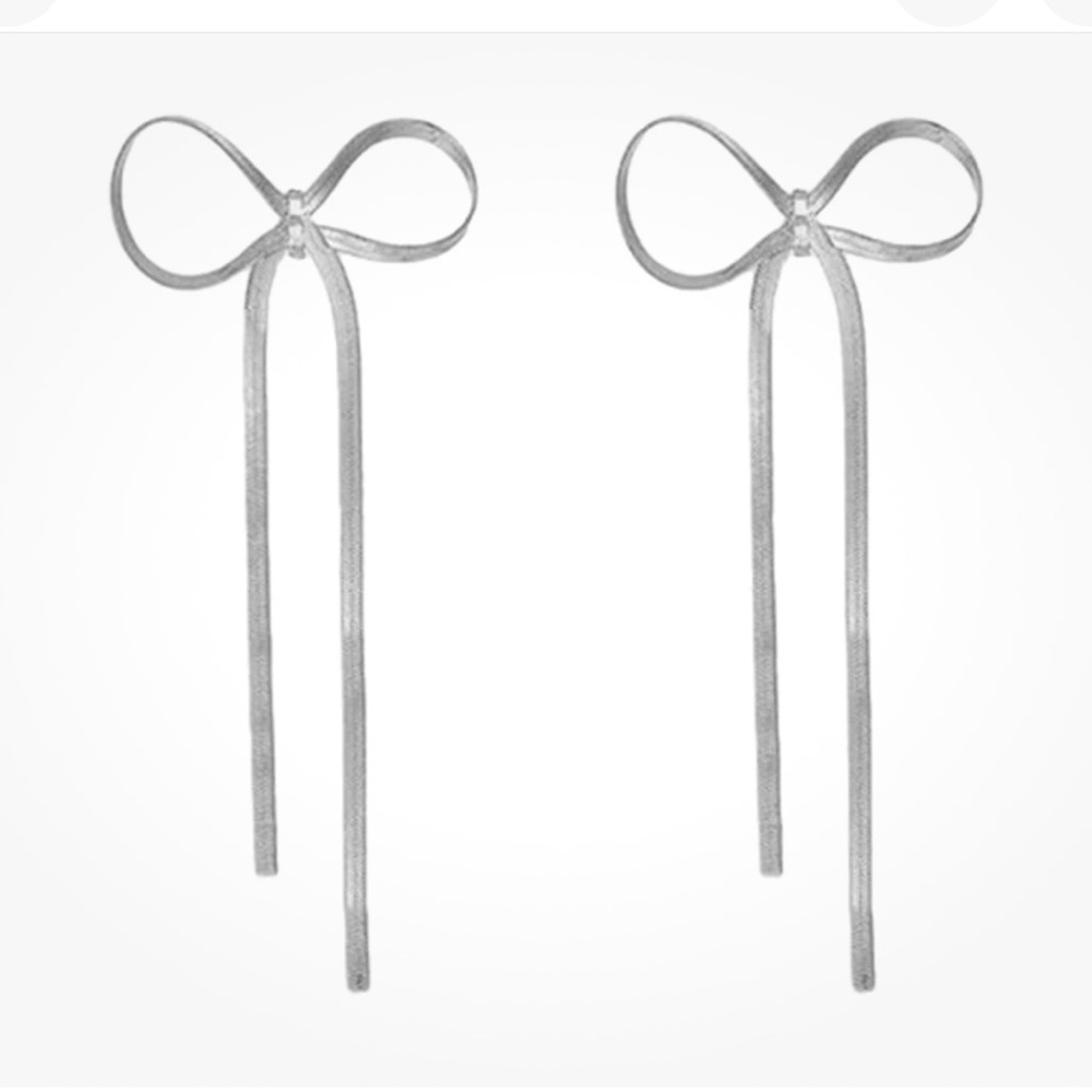 Elegant Silver Bow Earrings With Long Tassels/ Bow Knot/ Bow Drop Earrings